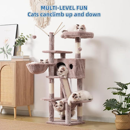 Hey-brother Cat Tree, 53 inch Cat Tower for Indoor Cats, Cat House with Padded Platform Bed, Toy Balls, Large Cozy Condo, Hammocks and Sisal Scratching Posts, Muchroom MPJ019-SMU