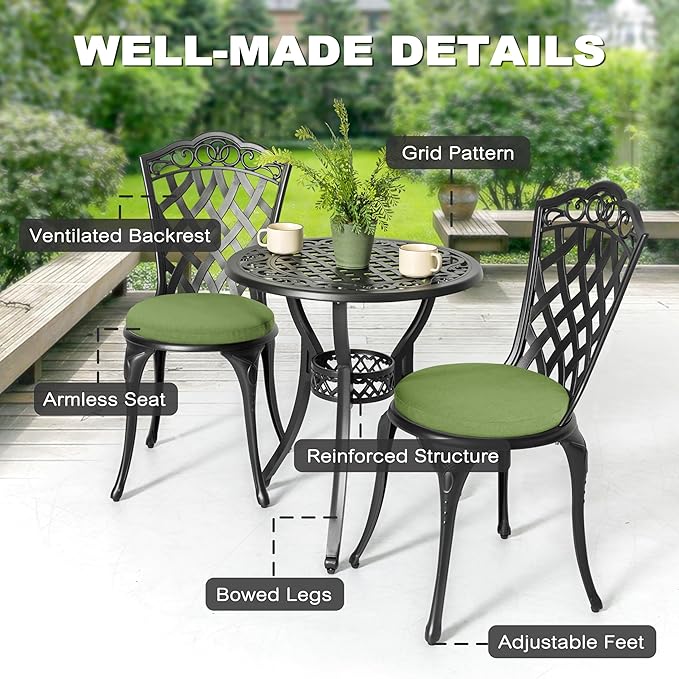 NUU GARDEN 3-Piece Patio Bistro Set Outdoor Cast Aluminum Bistro Table and Chairs Set of 2, Outdoor Patio Bistro Set with Umbrella Hole and Green Cushions for Patio Balcony, Black
