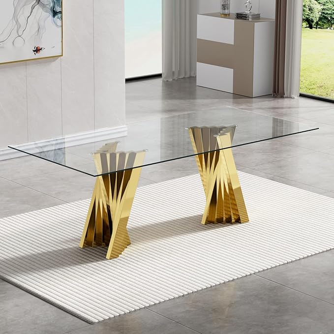 Goujxcy Modern 5 Piece Glass Dining Table Set Luxury Glass Kitchen Table and Chair Set for 4, 70" Large Rectangular Dining Room Table with 4 Tufted Chairs and Stainless Steel Legs (Gold & Grey)