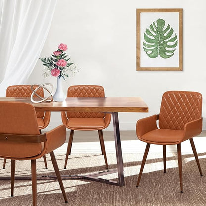 LUNLING Mid Century Modern Faux Leather Dining Chairs Set of 4,Orange Upholstered Seat,Metal Legs Kitchen Chair,Adjustable Foot for Kitchen Dining Room Desk Chairs
