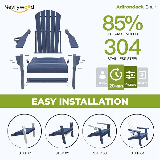 nevilywood Folding Adirondack Chair - Extended Ergonomic Backrest, Cup Holder - Easy Assembly - Durable HDPE Plastic, Weather Resistant & Maintenance-Free - Lawn, Patio, Deck Supports 380lbs NavyBlue