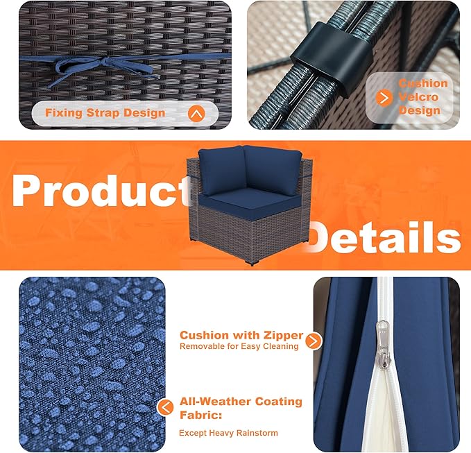 Kurapika 13 Pieces Patio Furniture Set, Rattan Wicker Outdoor Conversation Sets w/43in Propane Fire Pit Table and 4 Inch Cushion(Navy Blue)