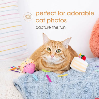 Pearhead Happy Birthday Cake Cat Toy Set, Stuffed Birthday Cake and Cupcake Cat Toys with Catnip and Squeakers, Interactive Fun Kitten Toys, Pet Owner Pet Birthday Gift, Ideal for Cat Lovers, Set of 2