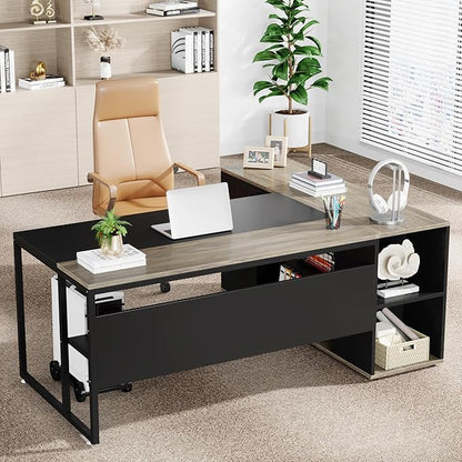 Tribesigns 71 inch Executive Desk, L Shaped Desk with Cabinet Storage, Executive Office Table with Shelves, Business Furniture Set Workstation for Home Office, Gray