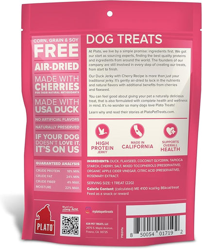 PLATO Pet Treats - Air-Dried Jerky - Delicious, Real Meat Dog Treats - Grain Free - Supports Healthy Digestion - Duck with Cherry 16oz