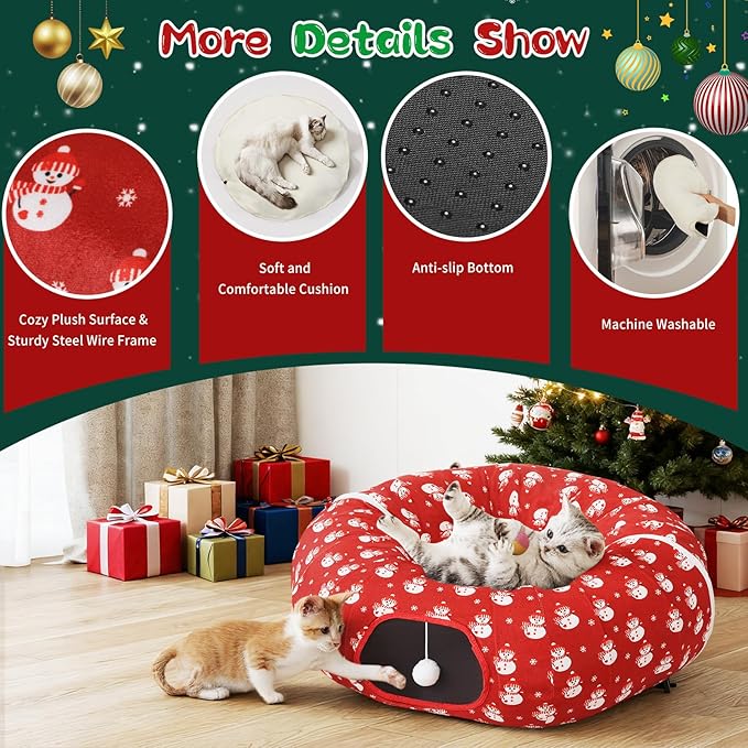 Pawaboo 2-in-1 Cat Tunnel Bed for Indoor Cats, 8-Shaped Large Cat Tunnels with Plush Cushions, Foldable Cats Cave Hideout Kitty Toys with Fluffy Balls, Donut Tunnel for Kitten Rabbit Ferret, Red