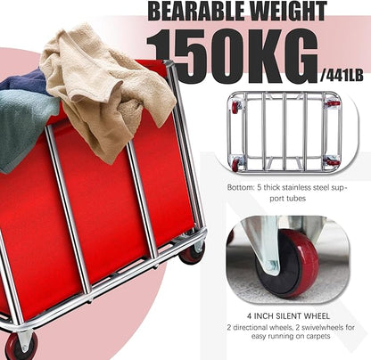 Commercial Laundry Cart with Wheels, 11.35 Bushel Large Rolling Laundry Hamper with Removable Waterproof Canvas Lining Basket, Heavy Duty Stainless Steel Rolling Hampers for Hotels & Hospital