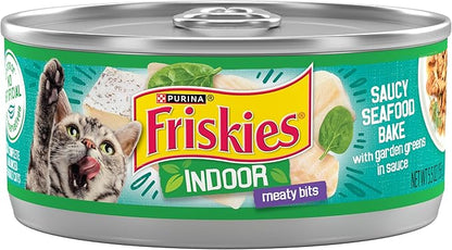 Purina Friskies Indoor Cat Food Meaty Bits Saucy Seafood Bake With Garden Greens in Sauce - (Pack of 24) 5.5 oz. Cans