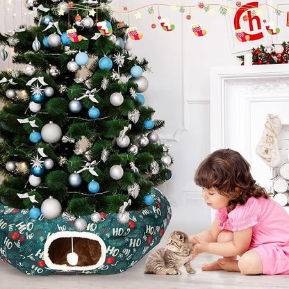 Christmas Cat Tunnel Bed for Indoor Cats Under Christmas Tree Skirt Tube with Hanging Ball Plush Cat Cave, Washable Holiday Pet Gift Toy & Gift for Kittens(Pine Branch)