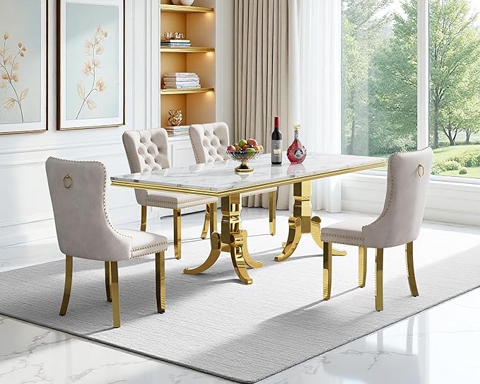 Goujxcy Faux Marble Dining Table Set for 4, Modern 5-Piece Dining Table Set with 4 Velvet Upholstered Chairs, 70" Large Long Faux Marble Kitchen Dining Room Table and Chairs with Stainless Steel Legs