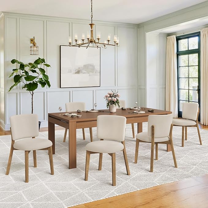 LUE BONA Wooden Dining Chairs Set of 2, Comfortable Wide Back Kitchen Side Chairs, Strong Thick Legs for Modern Farmhouse Dining Room, Linen Upholstered and Natural Wood Legs