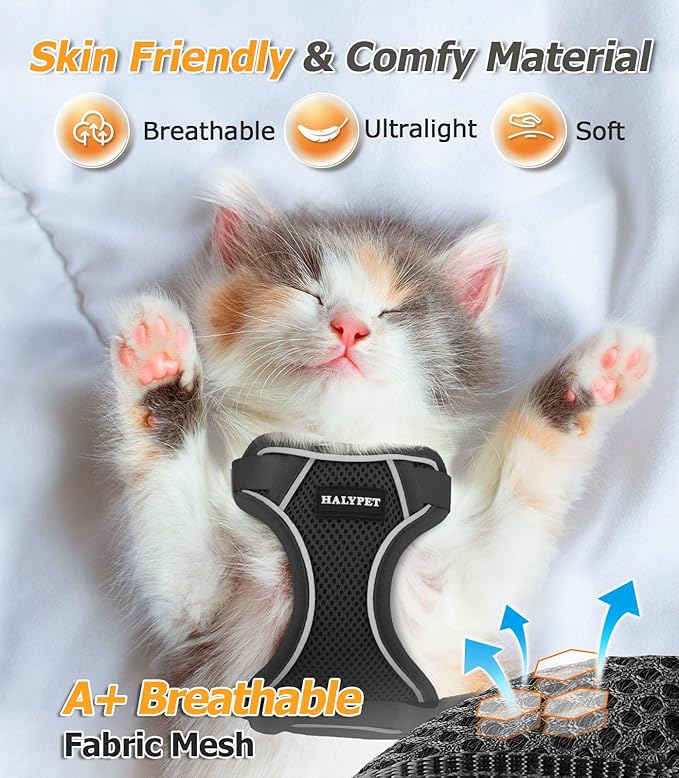 Halypet Cat Harness and Leash Set - MAX Safety 4th-Gen Upgrade, Escape Proof, Adjustable, Comfortable Soft Vest, Easy to Wear Kitten Harness with Reflective Strip for Cats Walking - Small Black