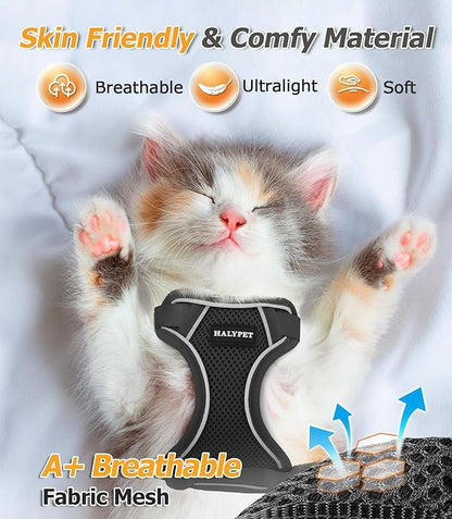 Halypet Cat Harness and Leash Set - MAX Safety 4th-Gen Upgrade, Escape Proof, Adjustable, Comfortable Soft Vest, Easy to Wear Kitten Harness with Reflective Strip for Cats Walking - Small Black