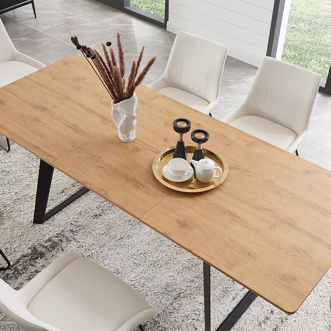 ZckyCine 63"-79" Expandable Dining Table Set for 6, Wood Table & 6 Brown Chairs, Extendable Kitchen Dining Table Set for Kitchen & Dining Room, Modern Oak & Brown