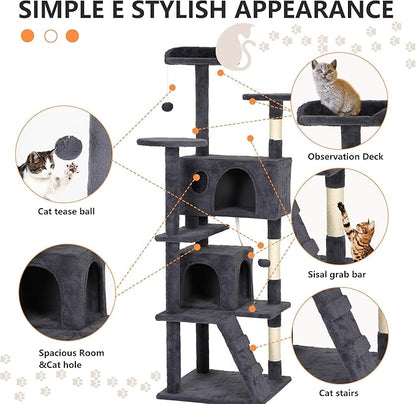 BestPet | 62" Cat Tree Tower | Dark Gray | Sturdy, Easy to Assemble, Multi-Level Activity Center with Sisal Scratching Posts, Condos, Perches, Hanging Cat Toys, Observation Decks & Ladder