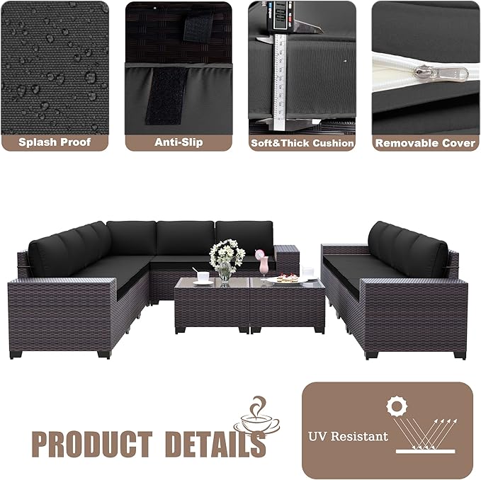 Kurapika 12 Pieces Patio Furniture Set, Rattan Wicker Outdoor Conversation Sets w/4 Inch Cushion and Glass Coffee Table(Black)