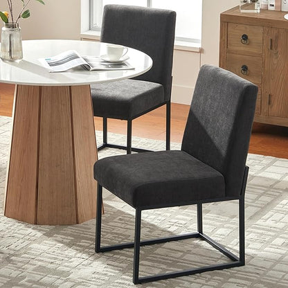 VKNOW Upholstered Dining Chairs Set of 2, Modern Dining Room Chairs, Linen Kitchen Chair Dinner Chair with Black Metal Base for Kitchen Office, Dark Grey-Unstriped