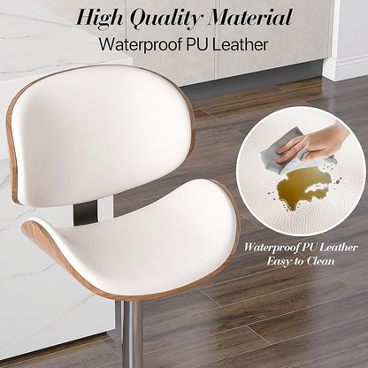 Adjustable Swivel Bar Stools Set of 4, Modern Bentwood Barstool with Large Metal Base and Footrest, PU Leather Upholstered Bar Chair with Curved Back for Kitchen Island Dining Room, White