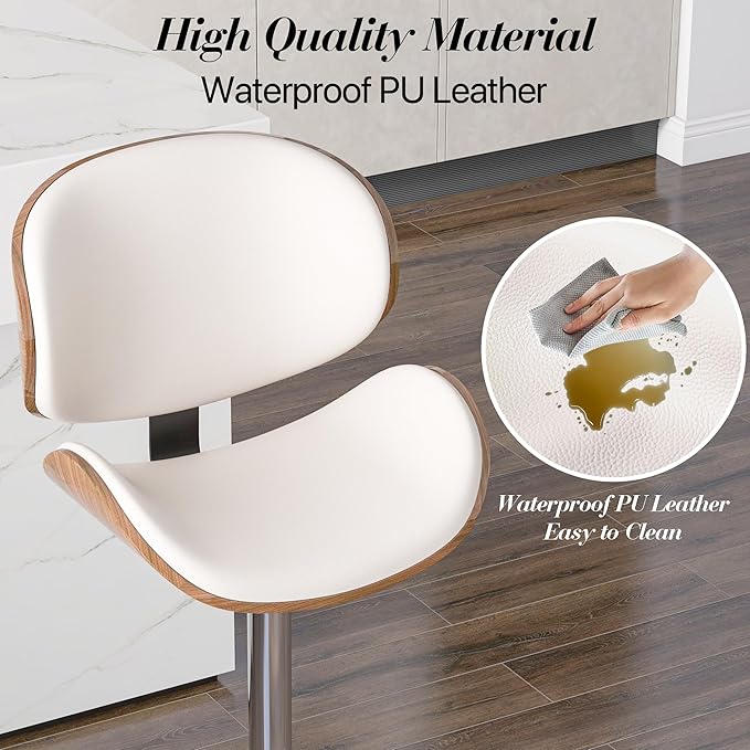 Adjustable Swivel Bar Stools Set of 3, Modern Bentwood Barstool with Large Metal Base and Footrest, PU Leather Upholstered Bar Chair with Curved Back for Kitchen Island Dining Room, White