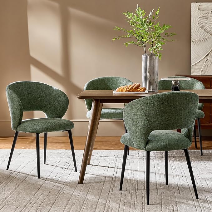 Contemporary Dining Chairs with Armrests – Ergonomic Soft-Padded Seat, Curved Backrest, Matte Black Metal Legs, Comfortable Kitchen & Dining Room Chairs, Set of 4