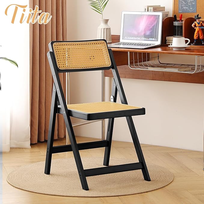 Tiita Rattan Dining Chairs Set of 2, Mid Century Modern Folding Chair, Bamboo Folding Dining Chairs for Small Space, Dining Room, Living Room, Bedroom, Black