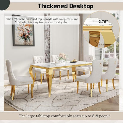 7-Piece Dining Table Set for 6, Faux Marble Dining Table Set with 70'' Marble Dinner Table and 6 Velvet Wing Back Chairs for Kitchen, Dining Room, White & Gold