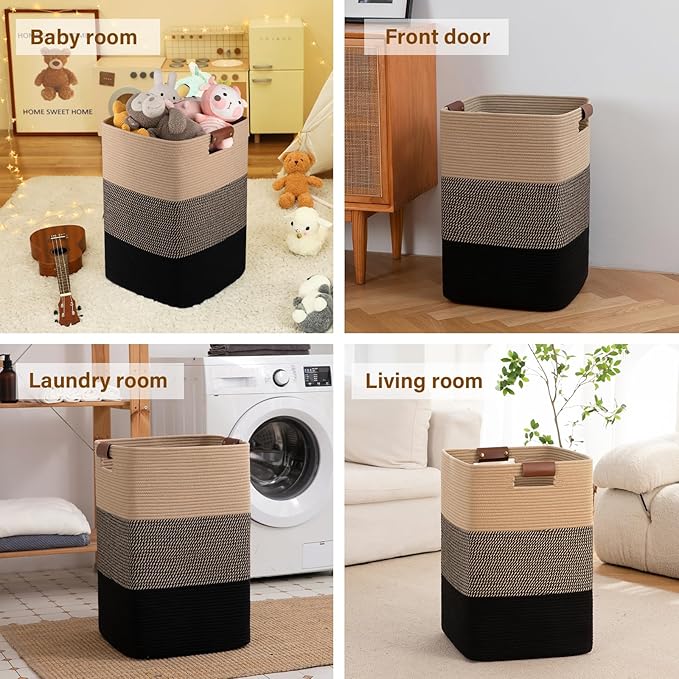 Laundry Hamper 96L Extra Large Laundry Basket, Woven Blanket Basket, Cotton Woven Storage Hamper with Handles for Living Room, Large Baskets for Pillows, Blankets, Clothes-Black & Yellow