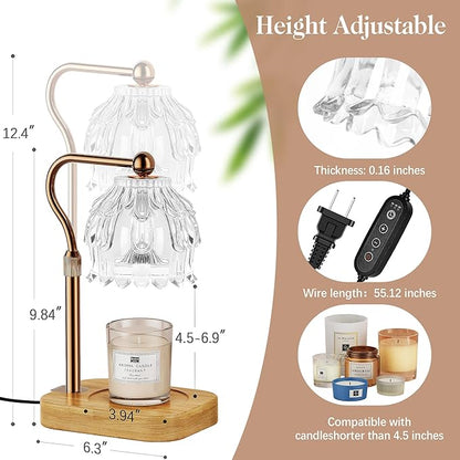 Candle Warmer Lamp with Timer Dimmer, Modern Wax Warmer for Scented Wax Jar Candle Warmer with 2 Bulbs, Adjustable Height Glass Lamp for Gifts for Women, House Warming Gifts, Home Decor, Gold Clear