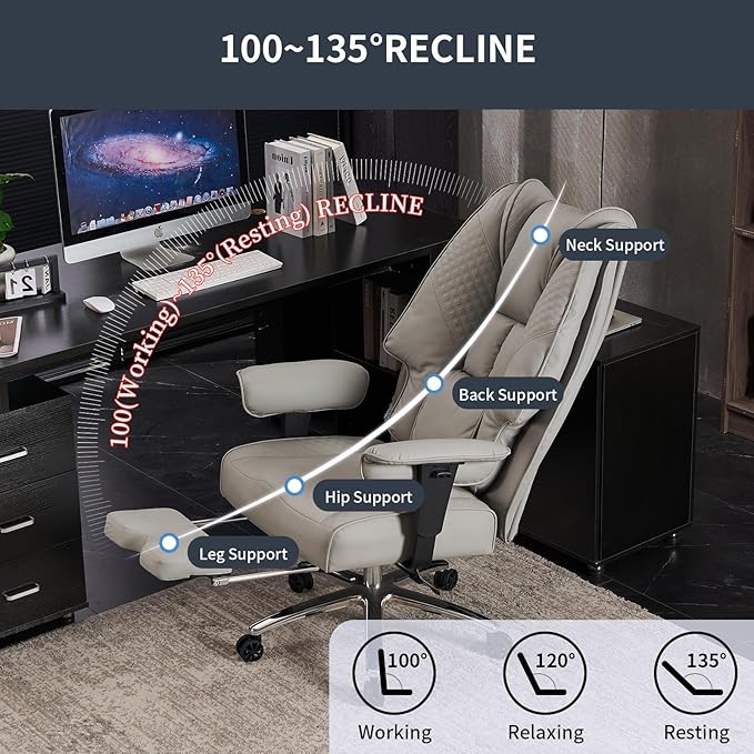 Big and Tall Office Chair 400lbs Wide Seat, Leather High Back Executive Office Chair with Foot Rest, Ergonomic Chairs Lumbar Support for Lower Back Pain Relief (Light Grey)