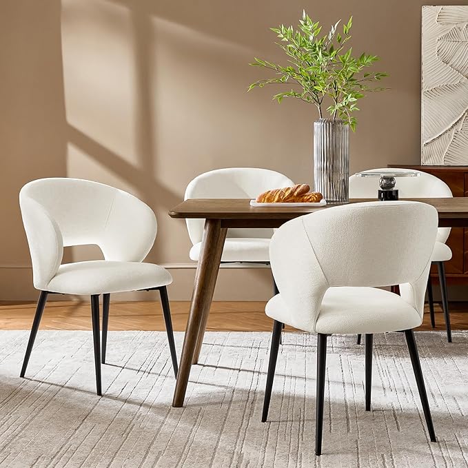 Contemporary Dining Chairs with Armrests – Ergonomic Soft-Padded Seat, Curved Backrest, Matte Black Metal Legs, Comfortable Kitchen & Dining Room Chairs, Set of 4
