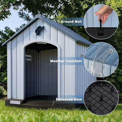 PUKAMI Large Dog House Outdoor Indoor, Plastic Dog House Weatherproof for Large Dogs, Study Puppy Shelter with Air Vents and Elevated Floor, Easy Clean and Assemble (Blue, 31.5"D x 33.5"W x 33.9"H)