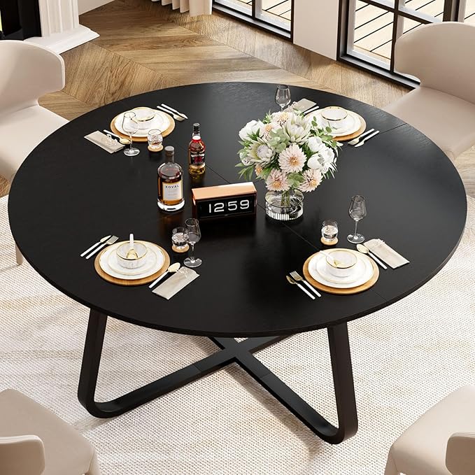 LVB 42 Inch Black Round Dining Table for 4 to 6, Circle Dining Tables, Modern Wood Metal Kitchen Tables, Round Dining Room Table for Home Kitchen Living Room,Black Oak