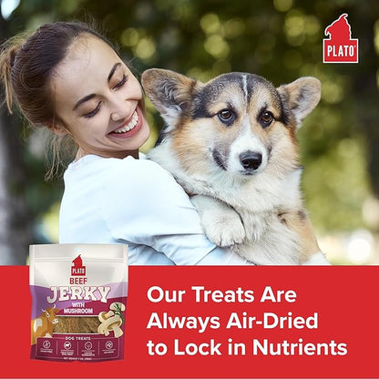 PLATO Pet Treats Jerky Dog Treats - Air-Dried Beef Jerky with Mushroom - Grain Free, High Protein - 16oz