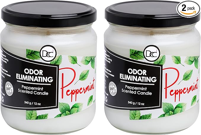 Peppermint Two Pack Odor Eliminating Highly Fragranced Candle - Eliminates 95% of Pet, Smoke, Food, and Other Smells Quickly - Up to 80 Hour Burn time - 12 Ounce Premium Soy Blend