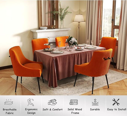 Velvet Dining Chairs Set of 2,Orange Upholstered Living Room Chairs with Black Metal Legs, Modern Tufted Accent Chairs for Living Room, Study Room, Kitchen