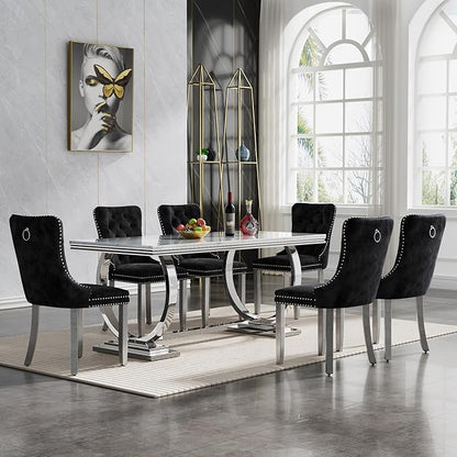 Goujxcy 7 Piece Marble Dining Table Set for 6, Luxury 70" White Marble Silver Kitchen Table with 6 Black Velvet Upholstered Chairs, Modern 6 Person Dining Room Table Set for Kicken Dining Office Room