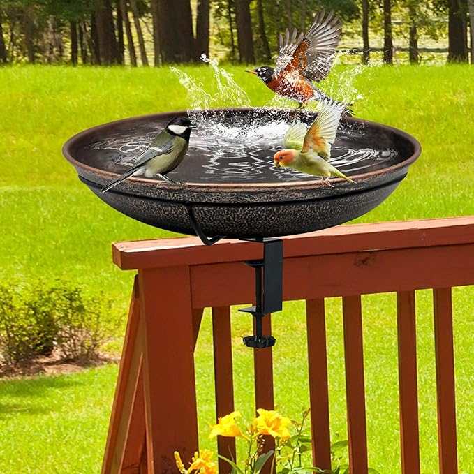 Deck Mounted Bird Bath, Easy to Clean12 Detachable Bath Bowl, Metal Birdbath for Outside with Sturdy Adjustable Clamp for Railing Balcony Fence Outdoor Decor 0.7 Gallon