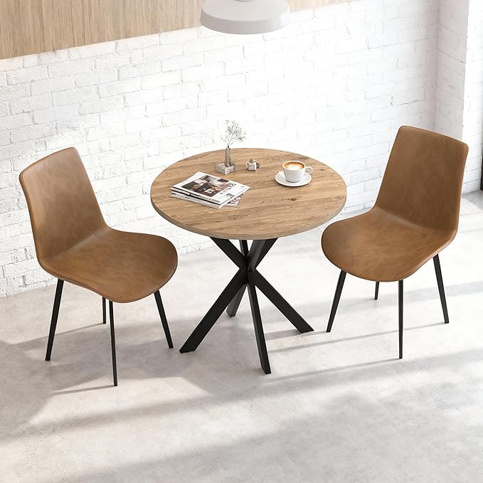 31.5" Round Dining Table and Chairs Set for 2, Small Dining Table Chairs Set Space-Saving, Round Table Set with Upholstered Chairs for Kitchen Dining Room Apartment(Natural + Brown)