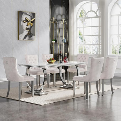 Goujxcy 7 Piece Marble Dining Table Set for 6, Luxury 70" White Marble Silver Kitchen Table with 6 Beige Velvet Upholstered Chairs, Modern 6 Person Dining Room Table Set for Kicken Dining Office Room