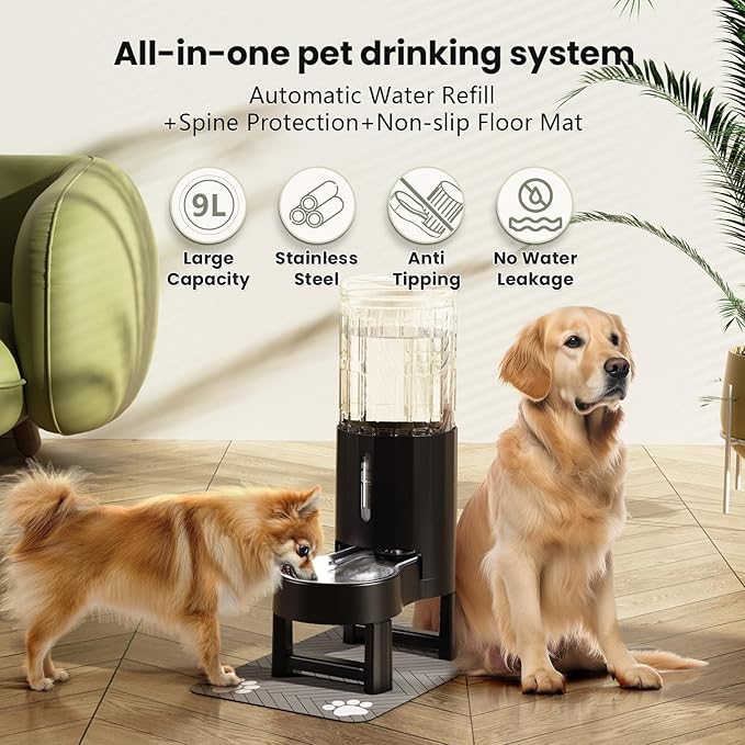 CZPET Elevated Dog Water Bowl Dispenser with Mat for Large Dogs,Tall Raised Pet Waterer Stand,Relieve Neck Pressure,Large Capacity and Drinking Area Noise-Free for Pets (9L+Stand+Mat)