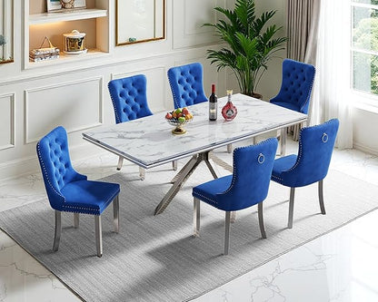 Goujxcy Luxury Dining Table Set for 6 Modern 7 Piece Faux Marble Dining Table Set with 6 Tufted Upholstered Chairs, 70" Faux Marble Kitchen Table & 6 Chairs with Mirrored Stainless Steel Base