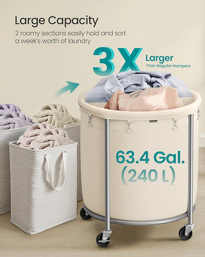 SONGMICS 63.5-Gallon (240 L) Laundry Basket with Wheels, Rolling Round Heavy-Duty Laundry Hamper Cart with Steel Frame and Removable Bag, 2 Locking Wheels, Cream White and Metallic Silver URLS012W01