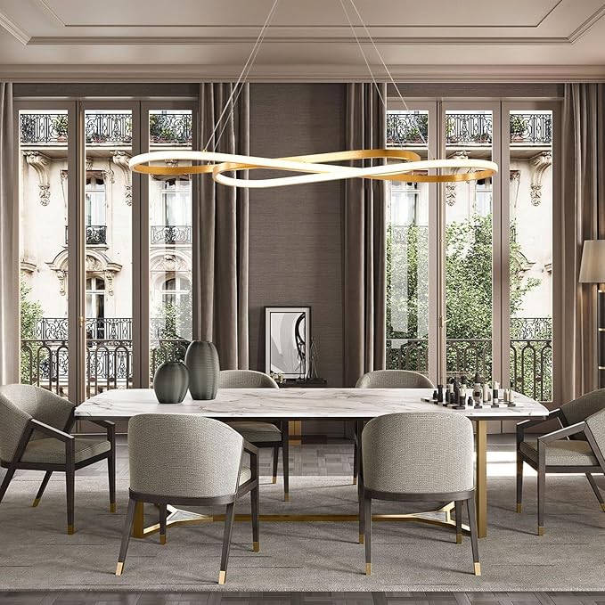 Gold Led Chandelier for Kitchen Island Lighting,Dimmable Modern Chandelier for Dining Room, L39.4" Modern Led Pendant Light Fixture Height Adjustable Brushed Gold Dining Room Light Fixture Over Table