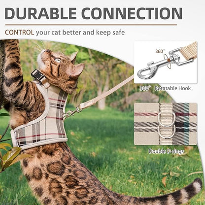PUPTECK Soft Mesh Cat Vest Harness and Leash Set Puppy Padded Pet Harnesses Escape Proof for Cats Small Dogs Rabbits Bunny, Plaid Beige, XL