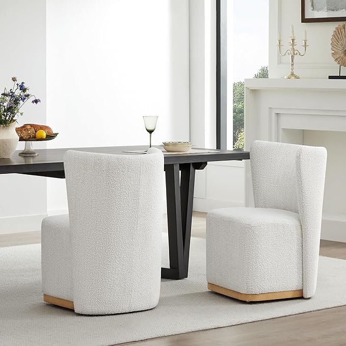 CHITA Upholstered Rolling Dining Chair on Casters Set of 2, FSC Certified Modern Fabric Dining Chair with Casters, Boucle Dining Chairs for Reading Room Kitchen Dining Room, Pearl