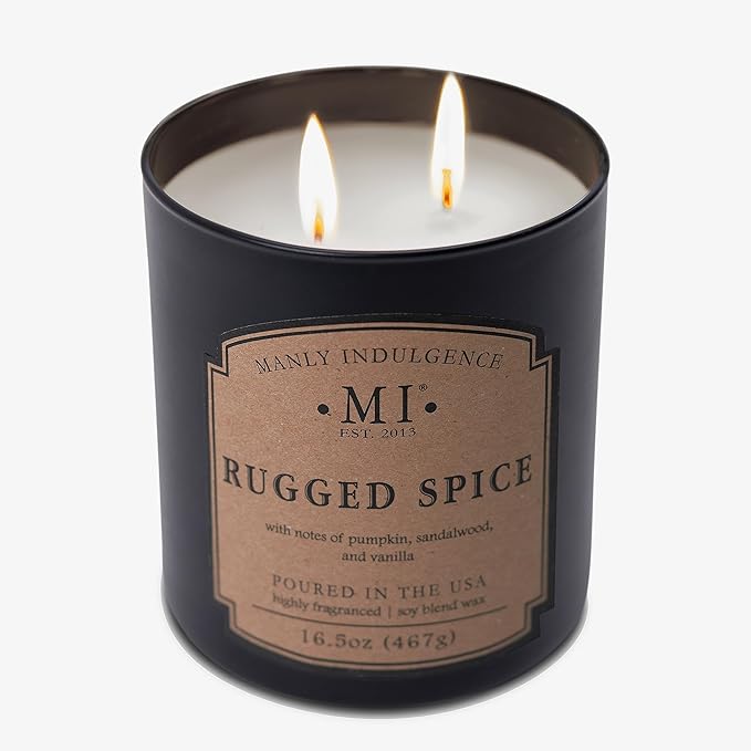 Manly Indulgence Rugged Spice Scented Candles for Men, 2 Wick, 16.5 oz, Premium Soy Blend Wax, 60H Burn, Candles for Home Scented - Made in The USA