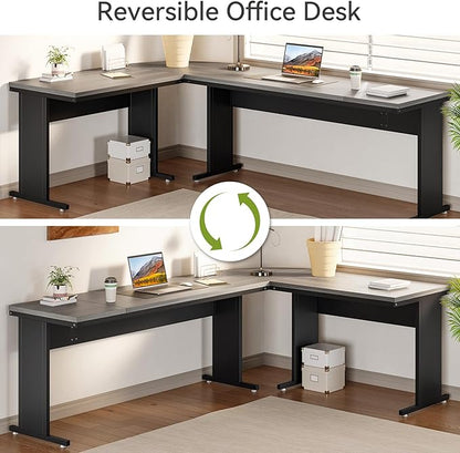 LITTLE TREE 82.67" Long Executive Desk with Drawers, Large L-Shaped Office Desk with Mobile File Cabinet, Farmhouse Computer Office Furniture Work Desk with Storage for Home Office, Gray