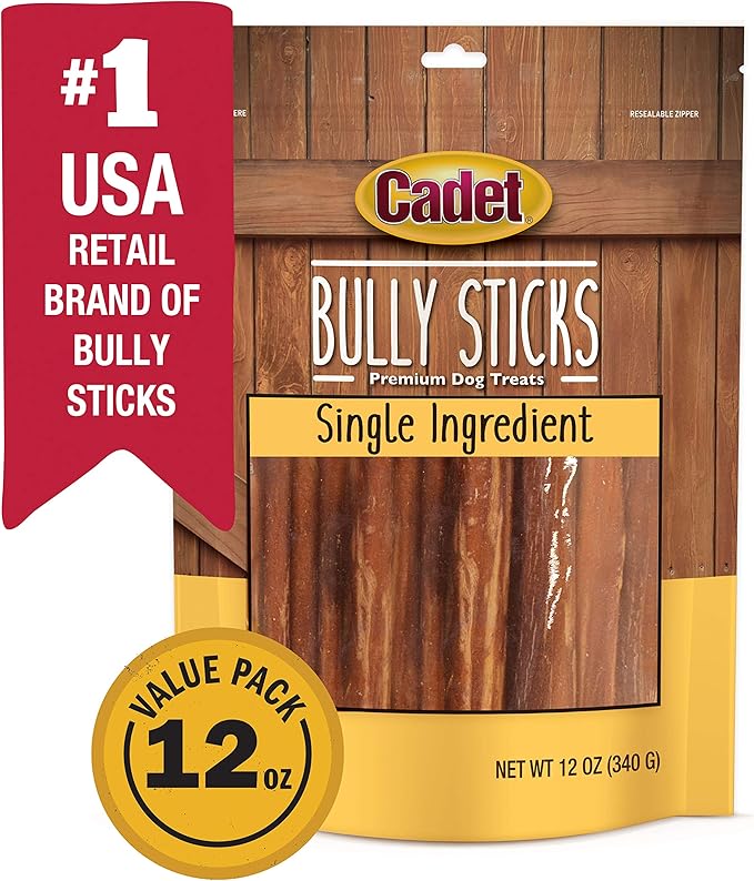 Cadet Bully Sticks for Small Dogs – All-Natural Beef Pizzle, High Protein, Low Fat, Long-Lasting, Grain & Rawhide-Free Dog Chews for Aggressive Chewers, Small (12 Ounce)