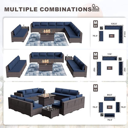 Kurapika 14 Pieces Patio Furniture Set, Rattan Wicker Outdoor Conversation Sets w/43in Propane Fire Pit Table and 4 Inch Cushion(Navy Blue)