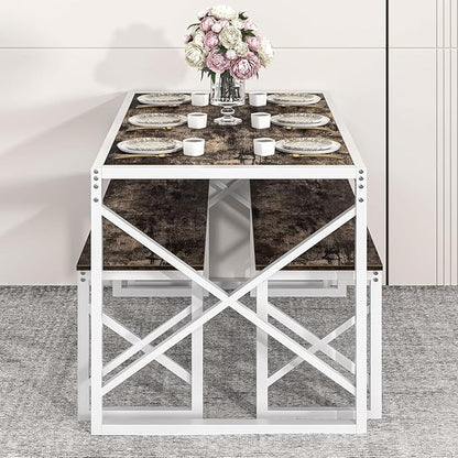 VECELO Kitchen Dining Table Benches Set for 4, 55" Wooden Dinette with 2 Benches, Heavy-Duty Dining Room Table for Small Space, Breakfast Nook, Dark Brown